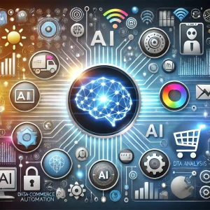 Illustration zur Nutzung von Künstlicher Intelligenz (KI) in Alltag und Beruf, mit Symbolen für Sprachassistenten, Datenanalyse, E-Commerce-Automatisierung und selbstfahrende Autos." Dieser Alt-Text beschreibt das Bild präzise und enthält relevante Keywords für SEO.